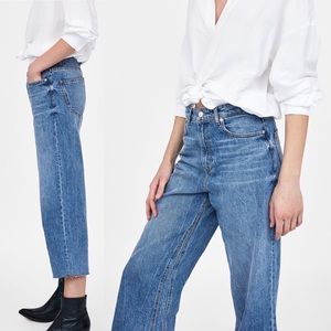 Zara Woman High Waist Culottes Crop Raw Hem Jeans